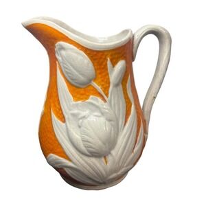 Vintage Tulip Pitcher Ceramic Orange & White Rare 7 1/2" Tall